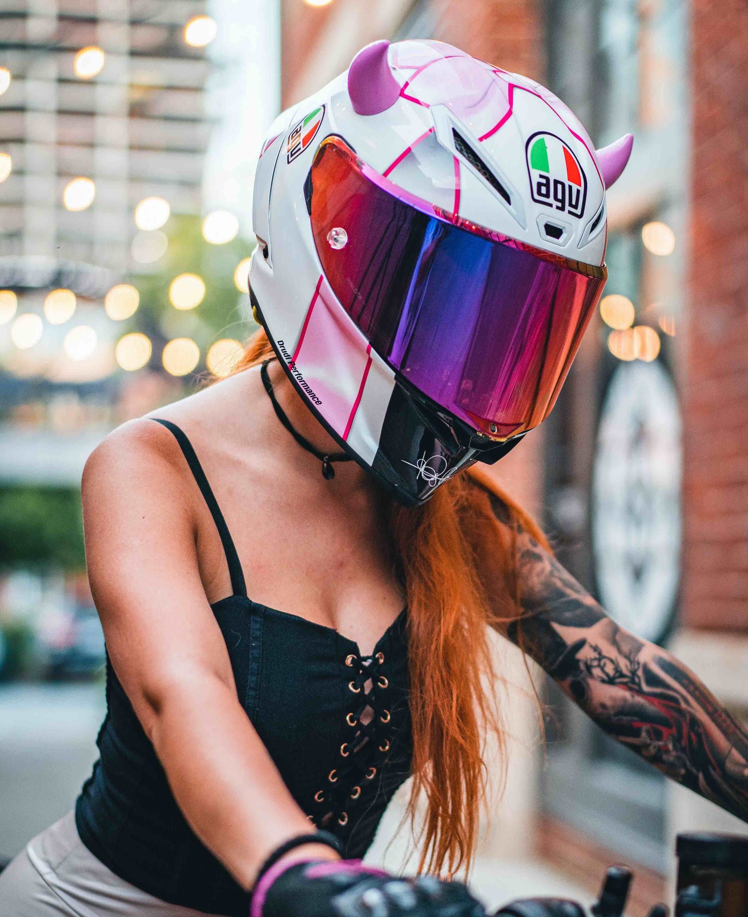 MagNeatOhz: Small Pink Devil Horns for Helmet on helmet girl wearing