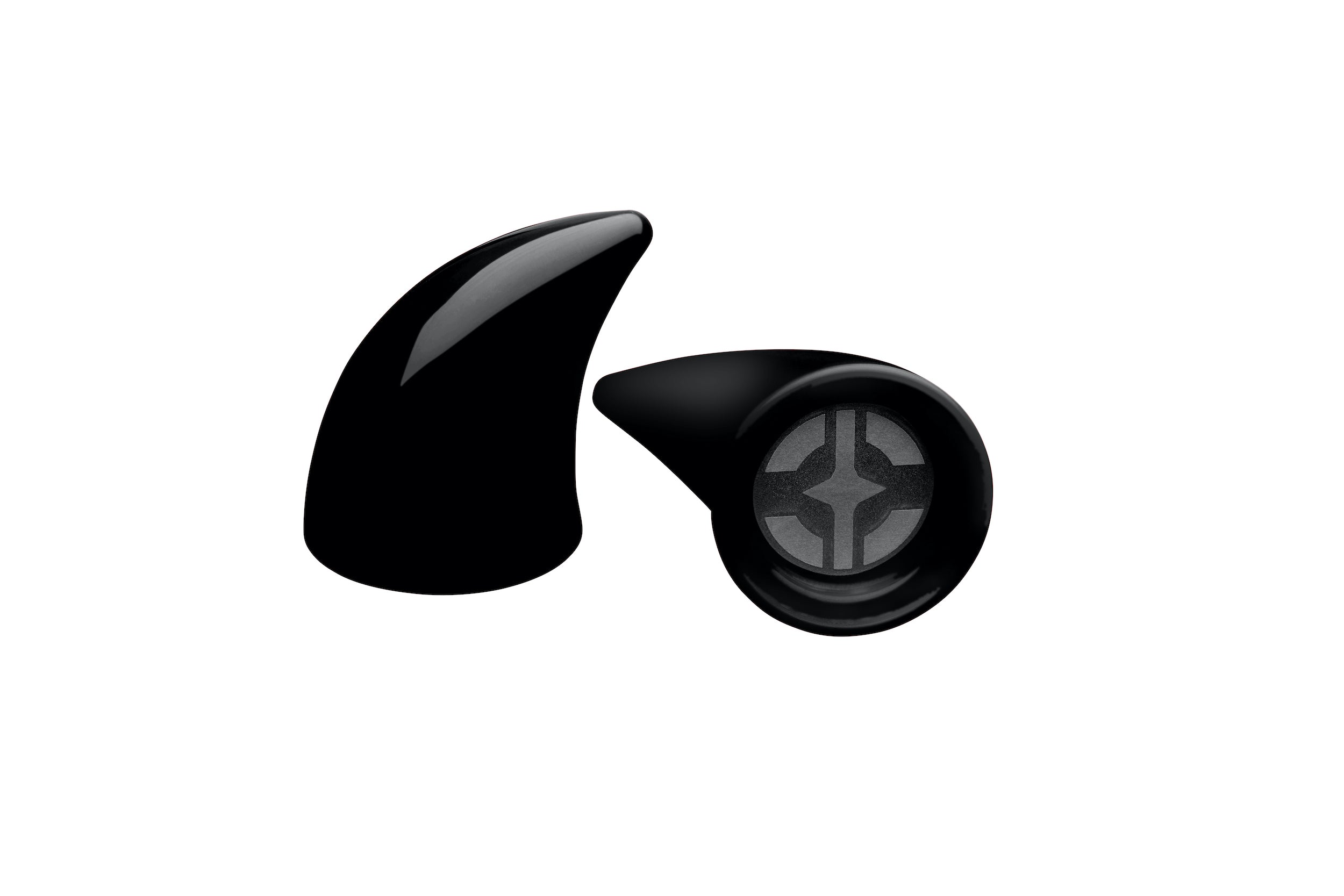 Small black devil horns for a helmet as an accessory with one laying down