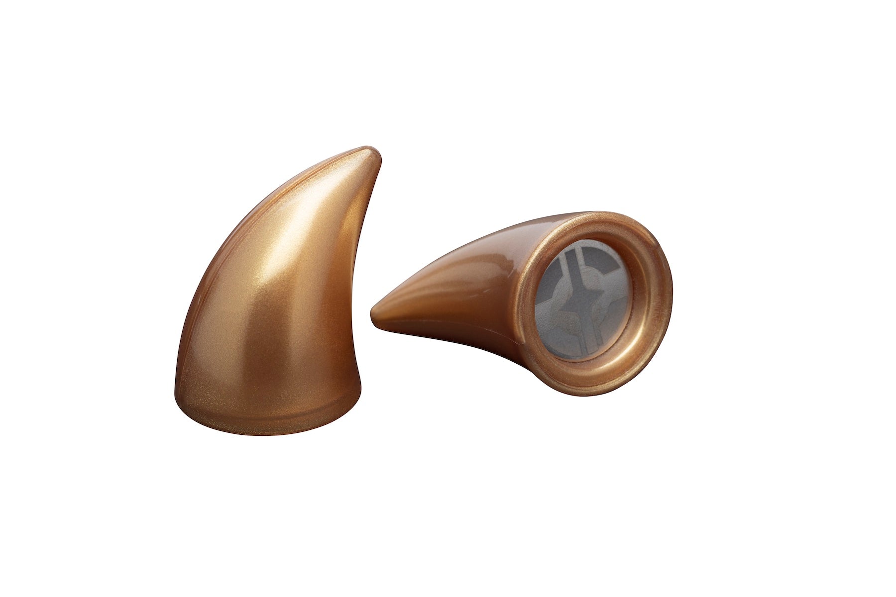 Small gold devil horns for a helmet as an accessory with one laying down