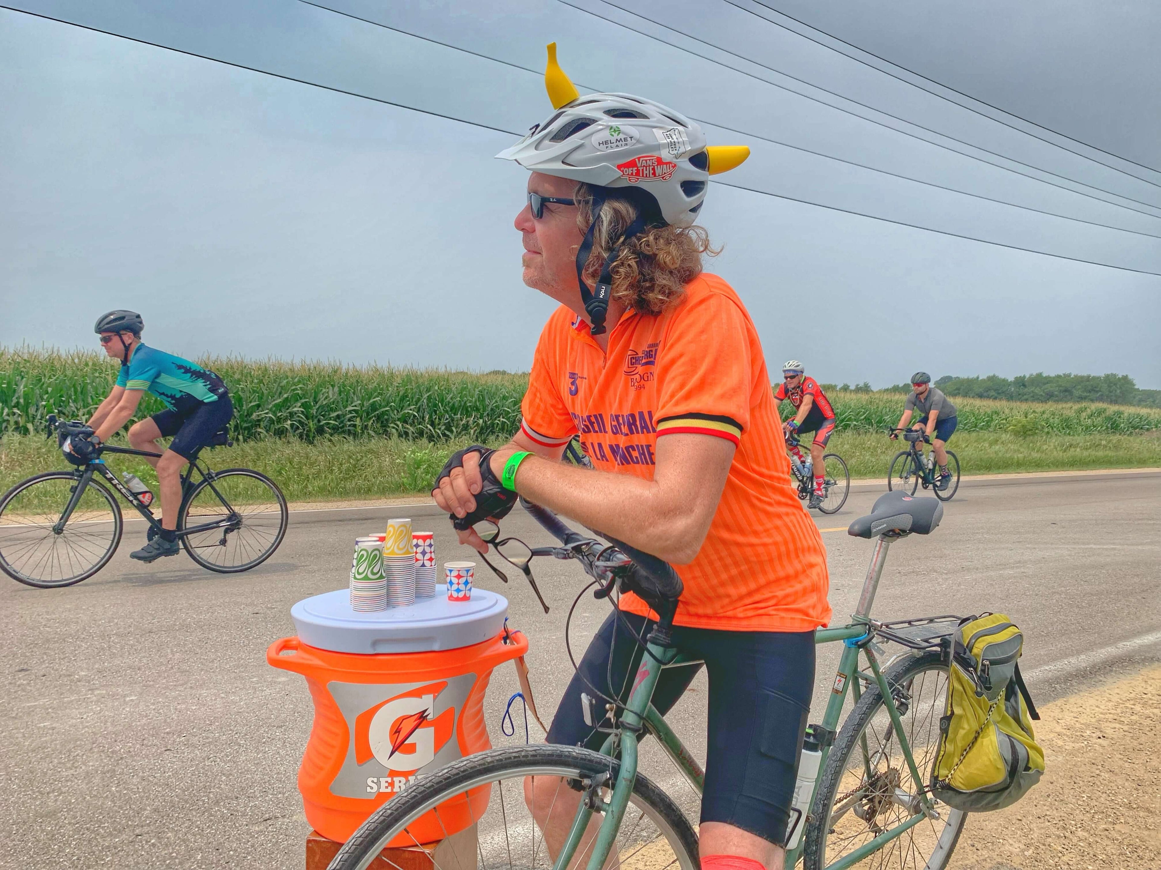 Bicyclist with a banana on his helmet at RAGBRAI