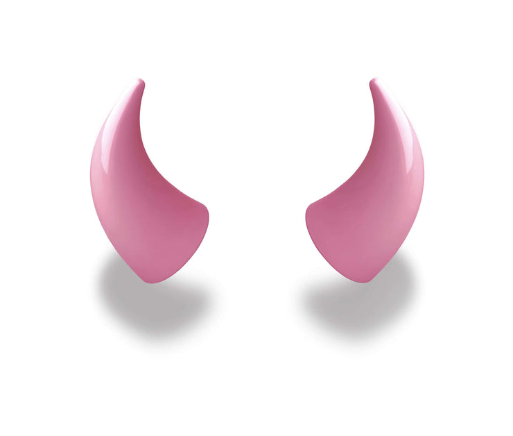 Large pink devil horns to mount on a helmet as an accessory
