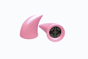 Small pink devil horns for a helmet as an accessory with one laying down