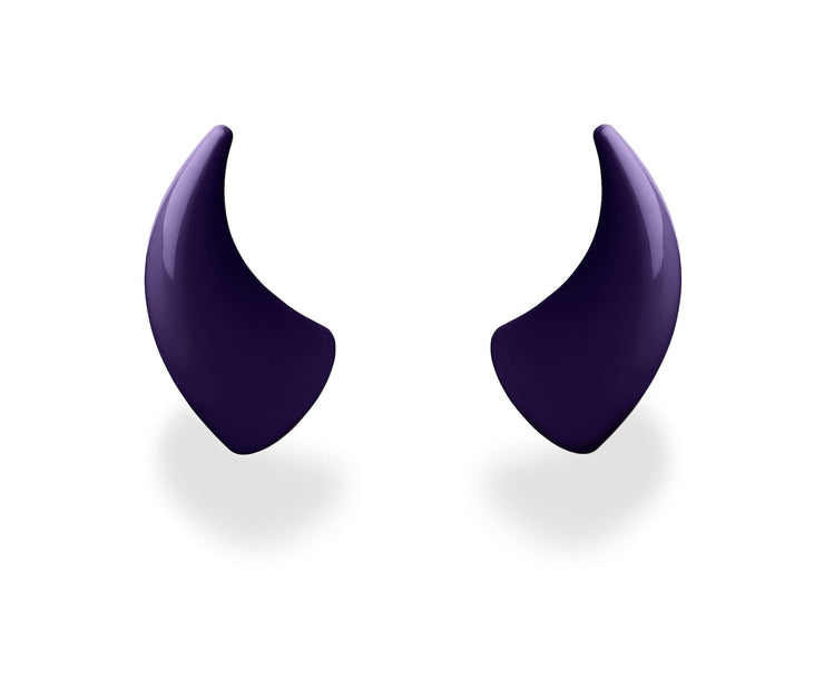 Large purple devil horns to mount on a helmet as an accessory