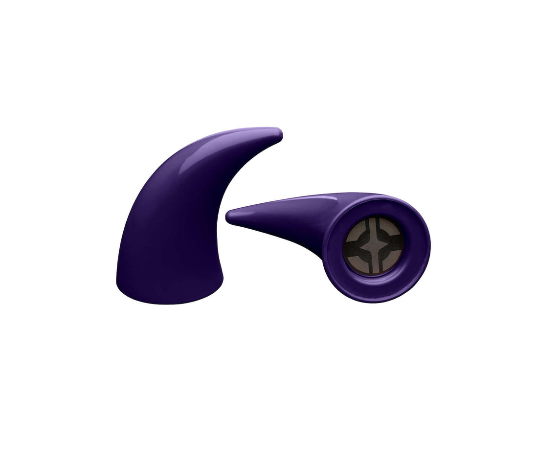 Large purple devil horns to mount on a helmet as an accessory one laying down