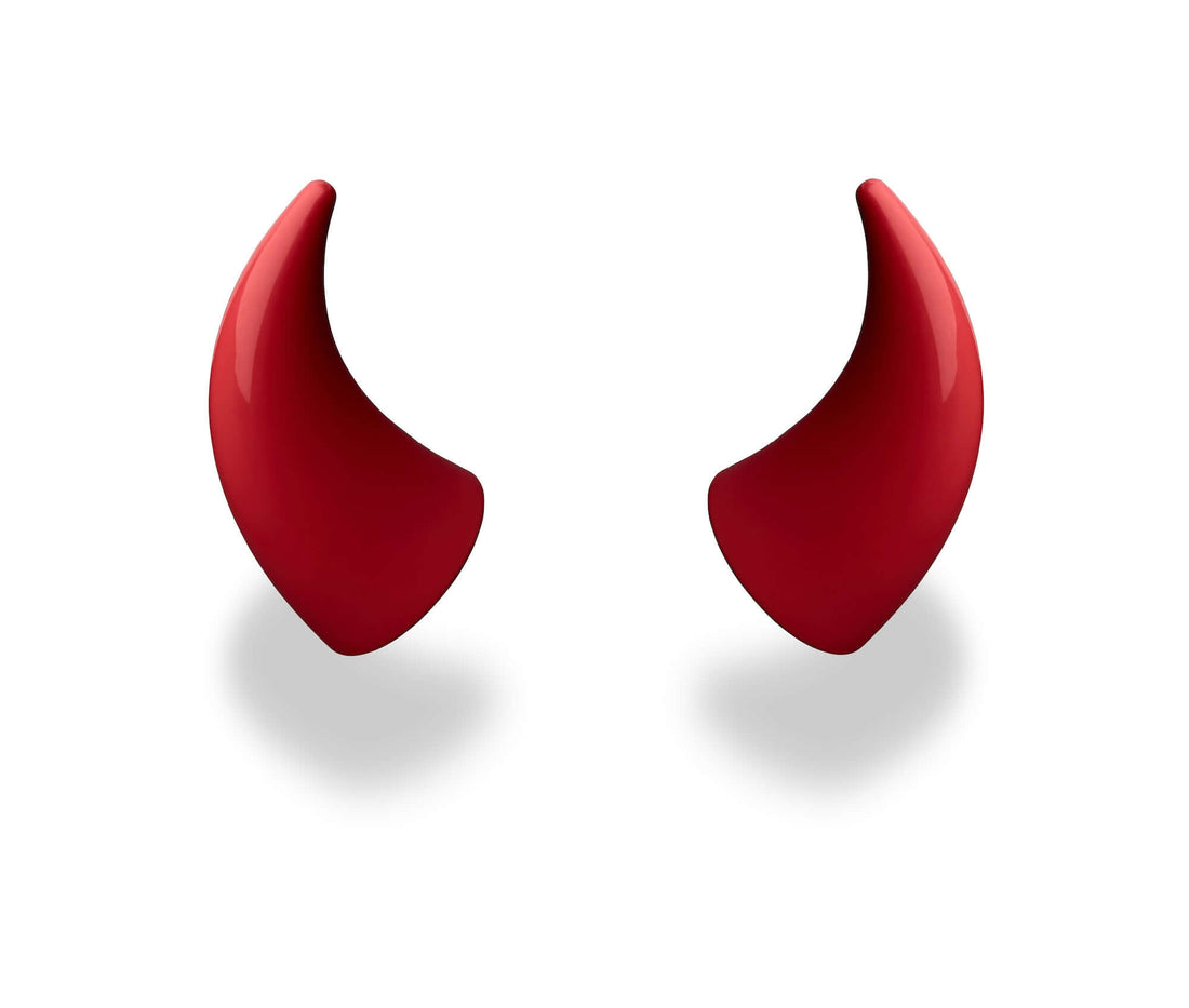 Large red devil horns to mount on a helmet as an accessory