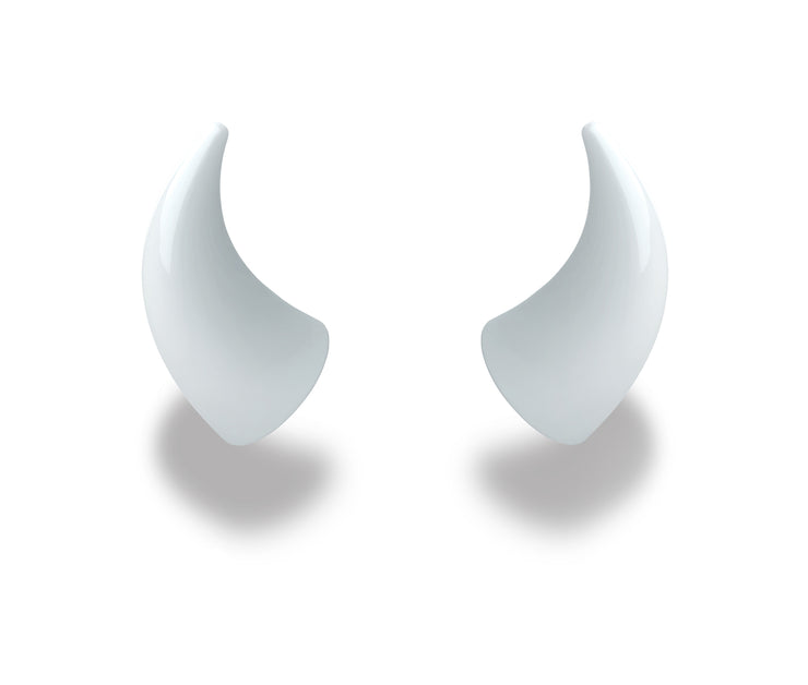 Large white devil horns to mount on a helmet as an accessory